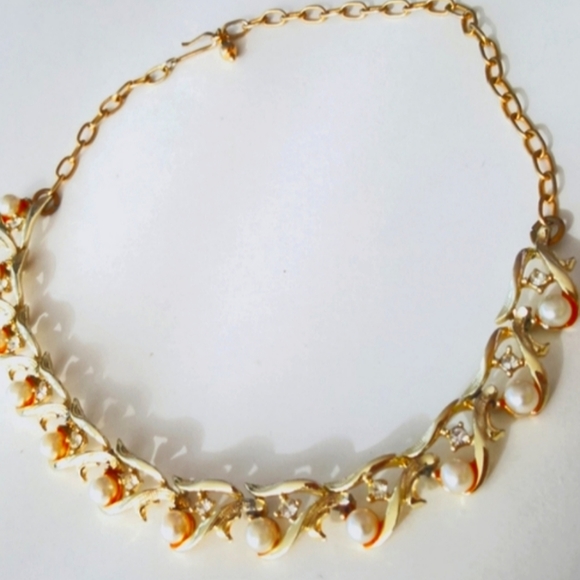 60s Choker Necklace Vintage Gold Tone Faux Pearls Faux Diamonds 15 Inch - Picture 8 of 10